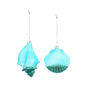 Sandy Blue Shell Ornaments - Set of 2 Blown Glass