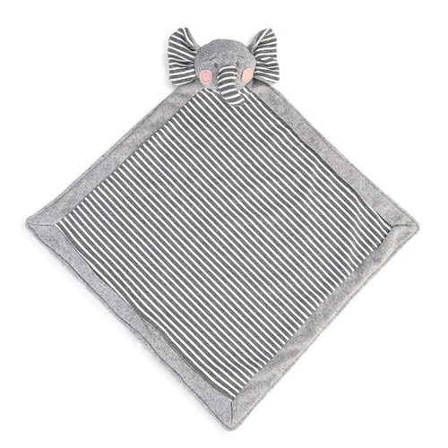 striped baby blanket with stuffed elephant head at top