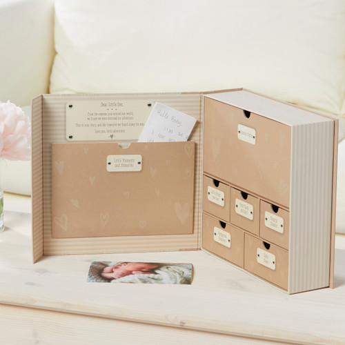 brown stood up box with drawers and pockets for baby memories