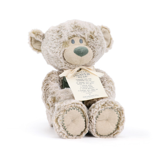 tan fluffy bear with green corduroy nose and fabric note labelled Pocket Prayer Bear with poem on it