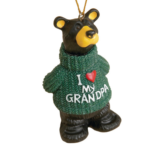 Black bear figurine with dark green sweater that says "i heart my grandpa' in white