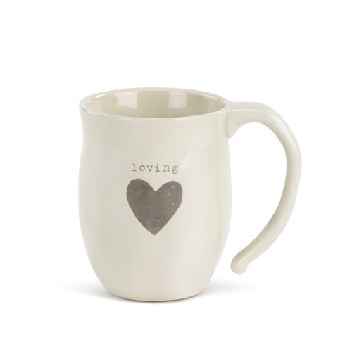 Front side view of white mug with 'loving' in grey above grey heart