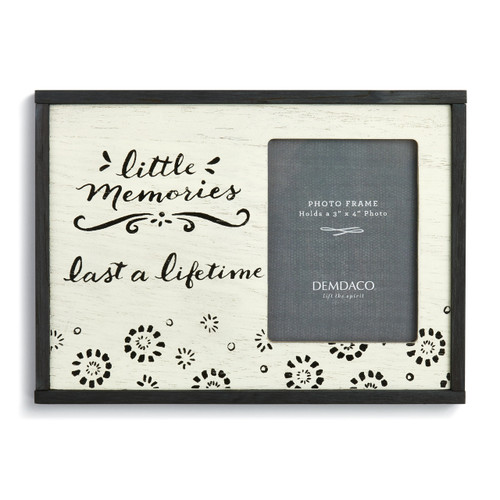 Black/white photo frame with 'little memories last a lifetime' in black next to grey photo spot