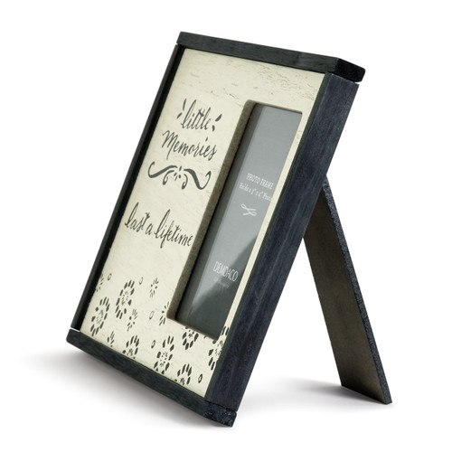 Side view of black/cream frame with 'little memories last a lifetime' in black