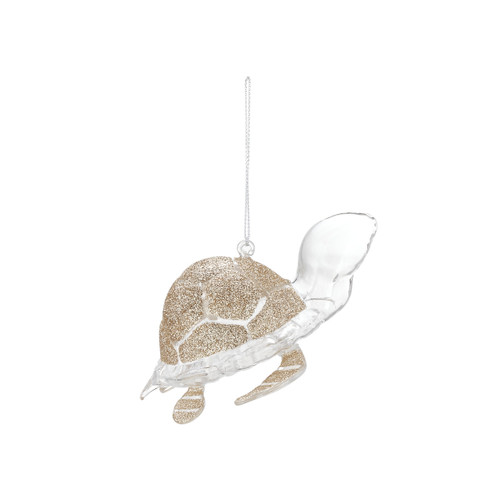 Hanging, clear turtle ornament - shell and legs are golden sparkles