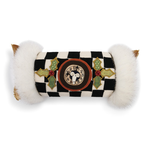 rolled up checkered fabric with fur on each end and clock decal attached to center