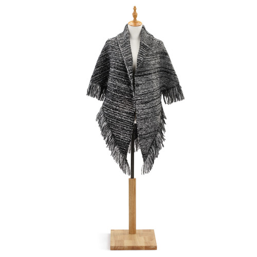 Full view of charcoal shawl with tassles on wooden mannequin stand