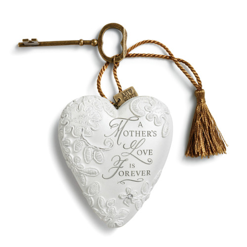 White cross figurine with gold key and tassle - 'a mothers love is forever' centered on the cross