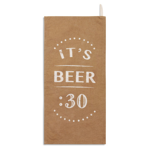 light brown towel with It's Beer :30 printed in white