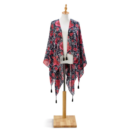 Black, grey, red sheer shawl wrap with hanging black tassles on mannequin stand