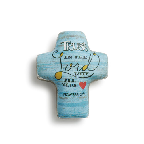 Trust in the Lord with all your heart' on light blue cross figurine