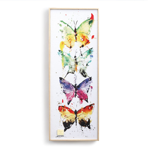 vertical frame hanging on white wall with painting of four watercolor butterflies, all different colors, in vertical sequence