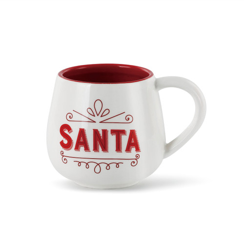 Side view of white mug with 'santa' in red on it