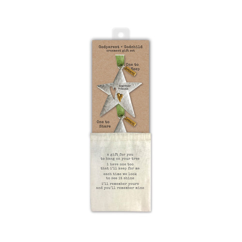 Godparent and Godchild ornament gift set with two metal star ornaments attached to cardboard product label