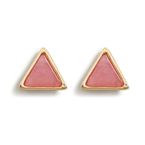 Gold, triangular stud earrings have pink stones