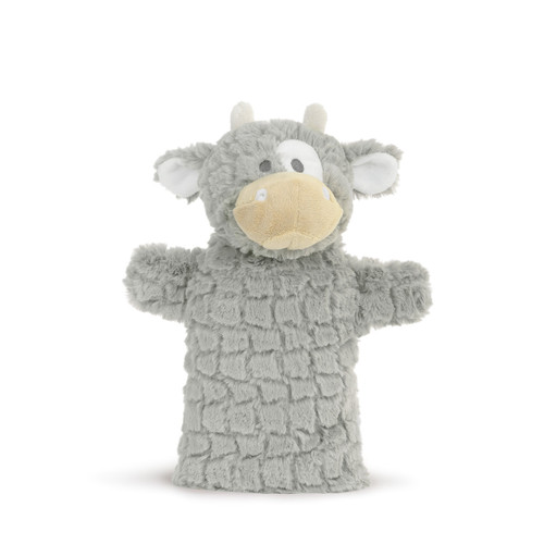 gray cow stuffed animal standing up on flat base