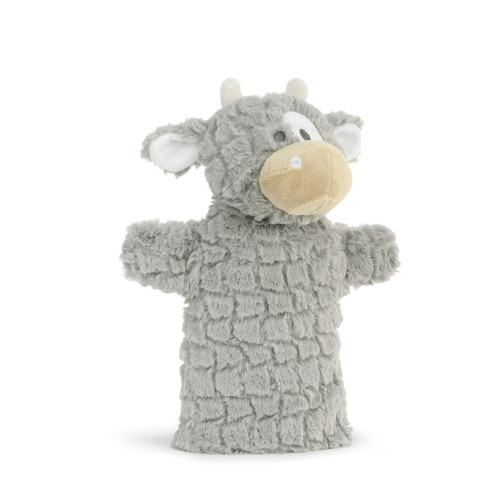 gray fluffy stuffed cow stood up on flat base