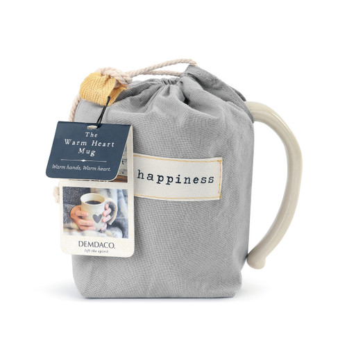 Light grey mug cover bag with 'happiness' on it in cream and black