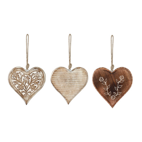 Set of three wooden hearts hanging - left is light wood with designs centered, middle is light wood with line carvings, right is dark wood