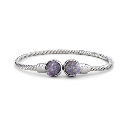 silver twisted bracelet with purple geode gems on each end of clasp