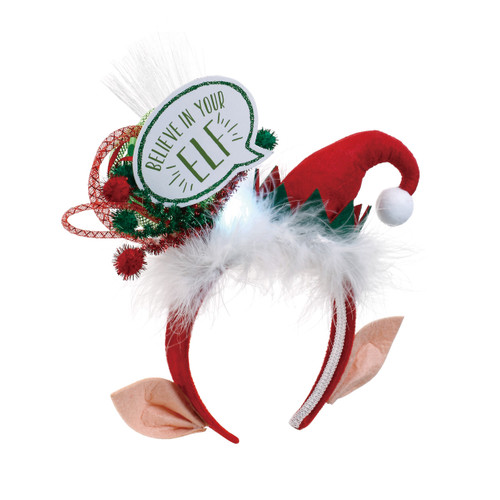 Front view of red headband with santa hat on the right and green/white sign on the left that says 'believe in your elf'