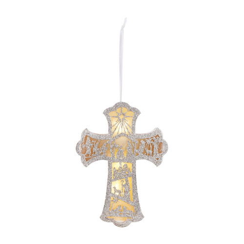Hanging silver cross figurine with designs and gold light inside