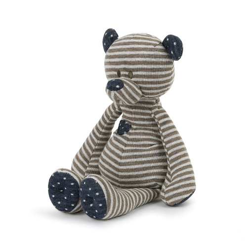 brown and white striped stuffed bear with navy blue detailing in sitting position