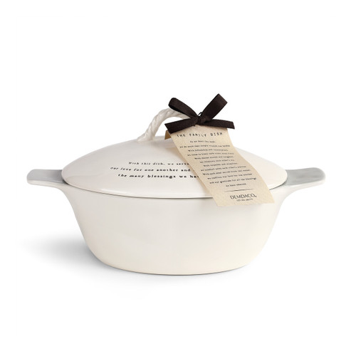 white ceramic dish with sentiment printed on lid and note about 'the family dish' tied to handle with brown ribbon