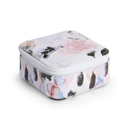 square toiletry bag with pastel watercolor flowery design