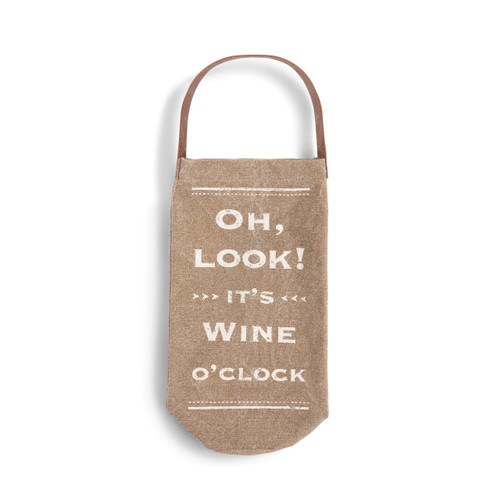 tan bottle bag with 'Oh, look! It's wine o'clock' written in white letters