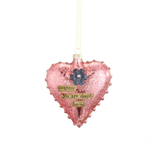 Hanging light pink heart pendant with 'daughter you are deeply loved' in gold banner