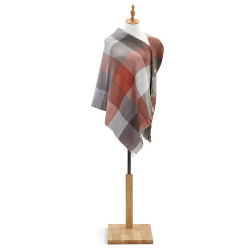 Red/grey/brown checkered print shawl wrap on light wooden mannequin stand