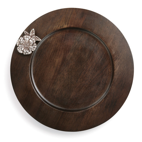 Round platter with silver flower pendant on the left side