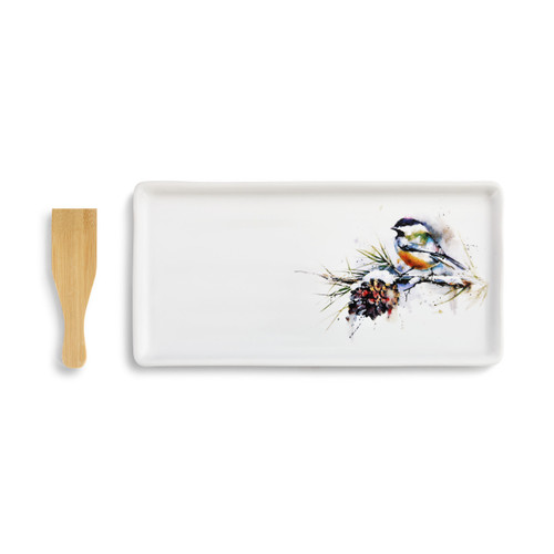 Chickadee and Pinecone Appetizer Tray with Spatula