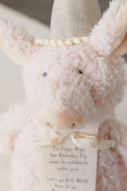 Close front view of light pink pig stuffed animal's face