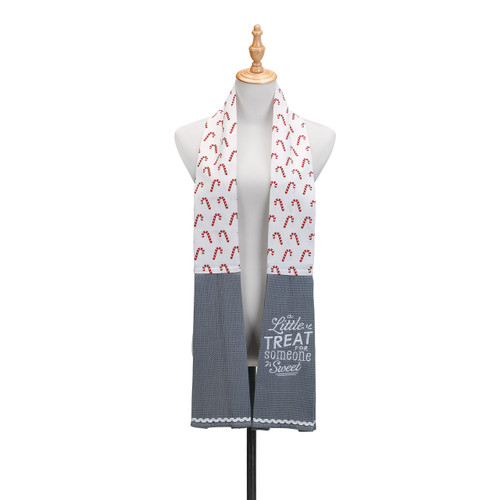 Waist up view of white mannequin stand with white/grey kitchen boa candy cane printed