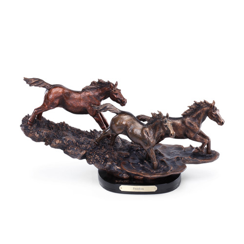 Brown rusted three running horses staue