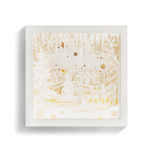 white frame of gold and white winter scene illustration