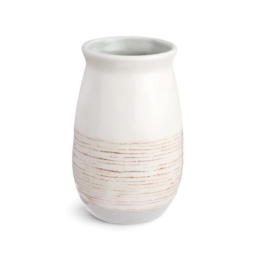 white ceramic vase with brown detailing around middle and gray base