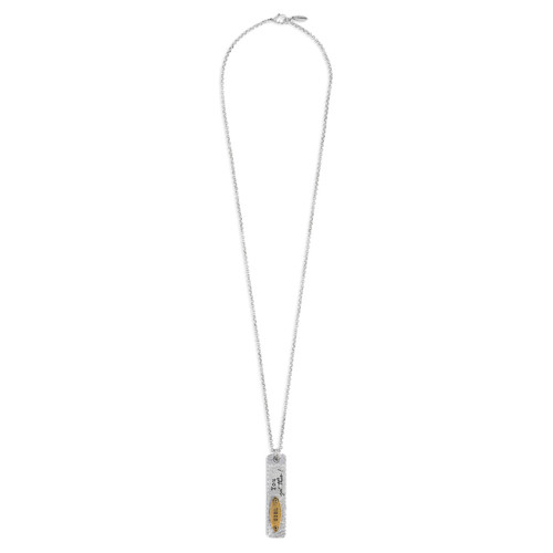 silver necklace with silver and gold vertical rectangular charm