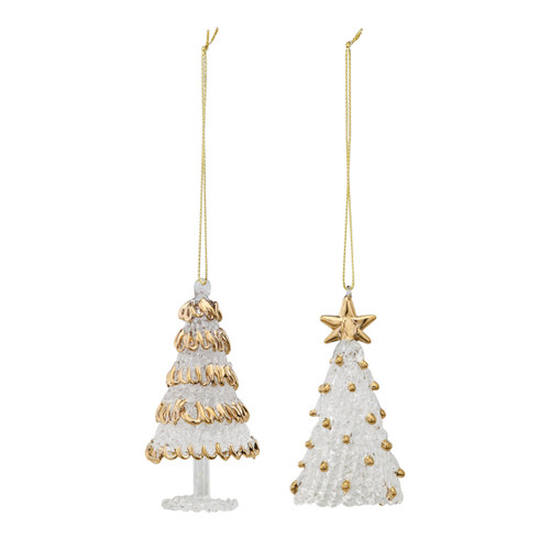 Set of two white/gold christmas tree ornaments - right one has star on top - hung by gold string