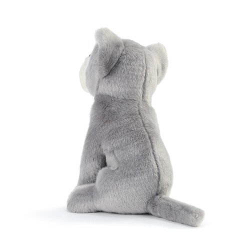 back view of light gray stuffed animal dog