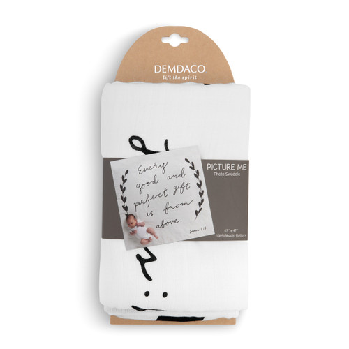 white swaddle cloth with Every good and perfect gift is from above written in black cursive letters folded up around product label card
