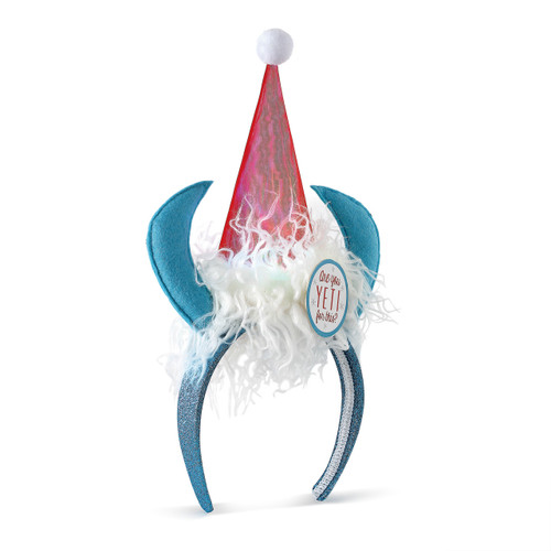 blue headband with blue felt horns and pink hat with white fluff on top and round sign reading Are You Yeti For This