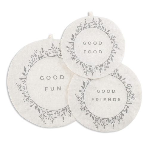 Three round white covers with 'good fun' 'good food' 'good friends' in grey on each one