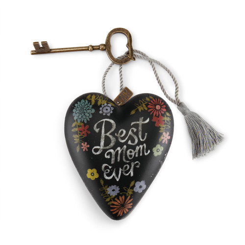 Small black heart pendant with 'best mom ever in white surrounded by multi-color flower prints - gold key and silver tassle attatched