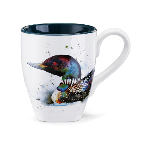 White coffee mug with multi-color bird print - inside of cup is black