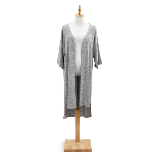 Grey open shawl wrap on white mannequin on wooden stand