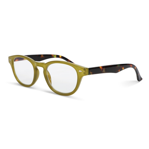 green rimmed with tortoise shell stemmed glasses