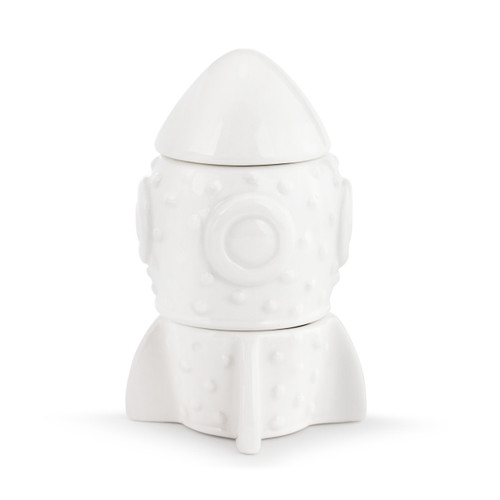 A three piece white ceramic rocket ship "First Tooth and Curl" box.